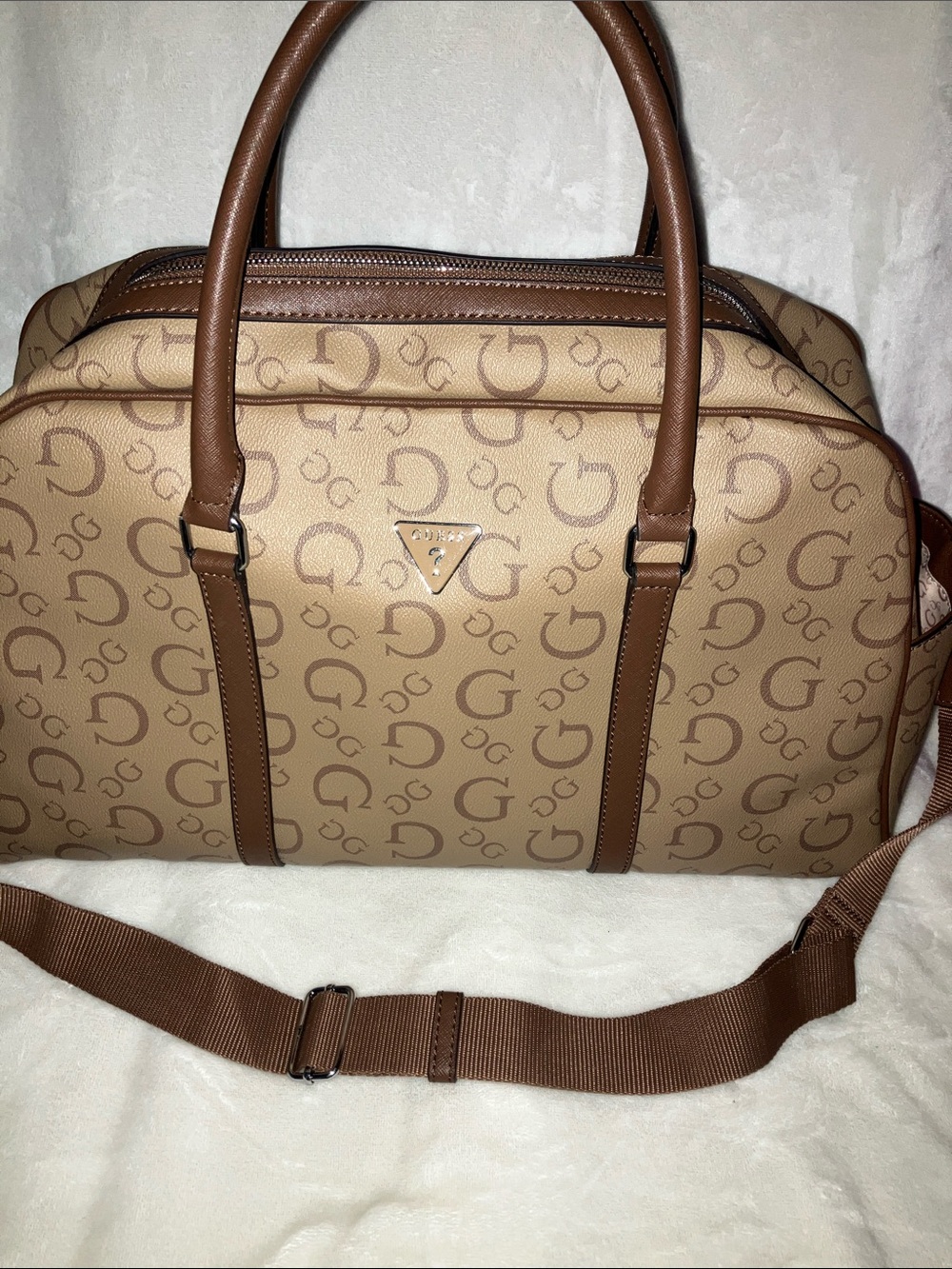 GUESS Tan and Brown Logo Duffel Bag